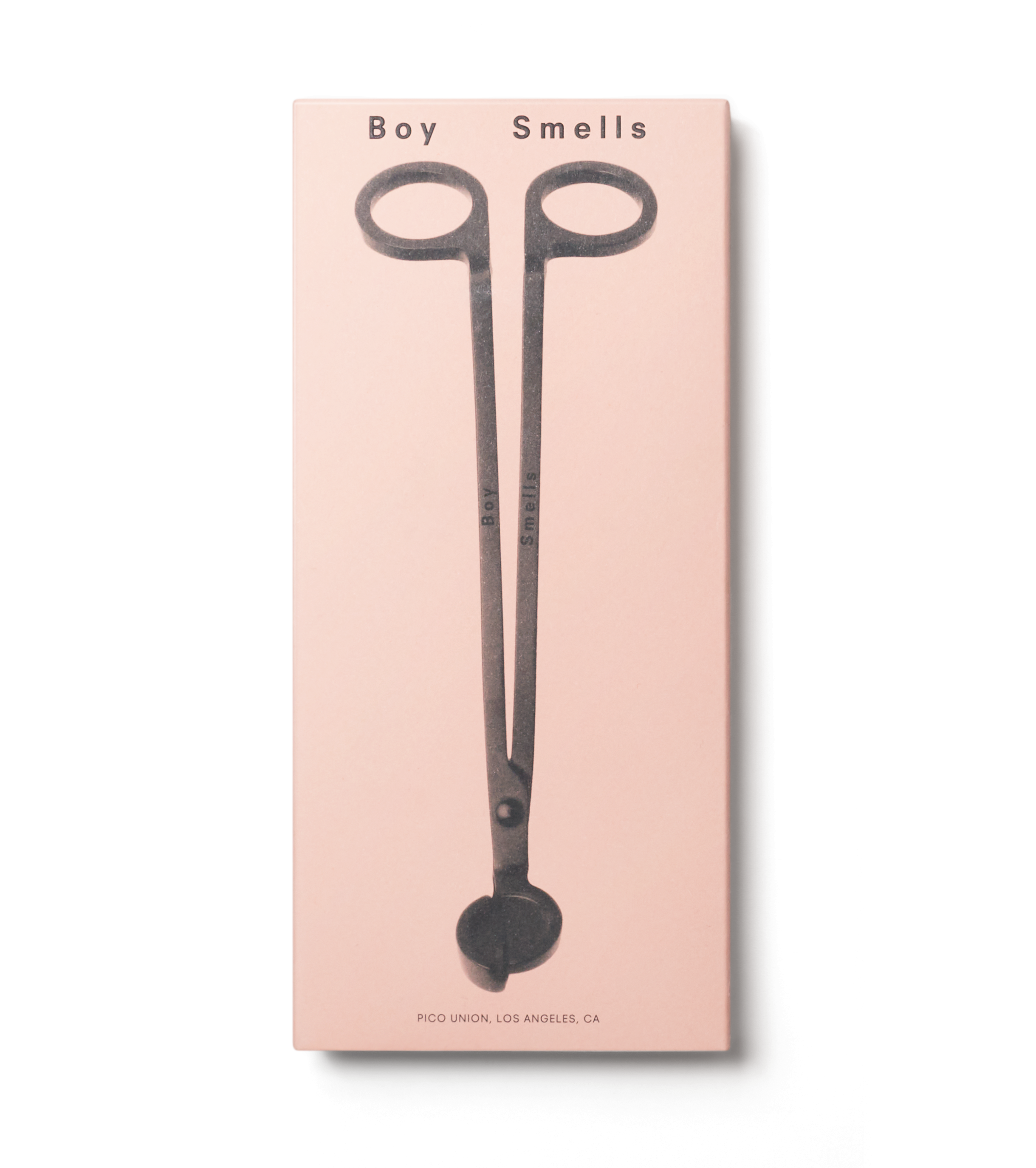 product shot of exterior pink box with black text, boy smells logo in black and black image of wick trimmer against a neutral background.